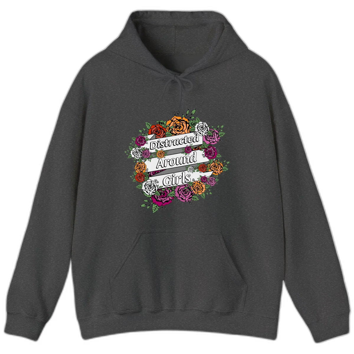 Distracted around girls design: colorful rose wreath in red, orange, white, and purple with ribbon banners in Dark Heather