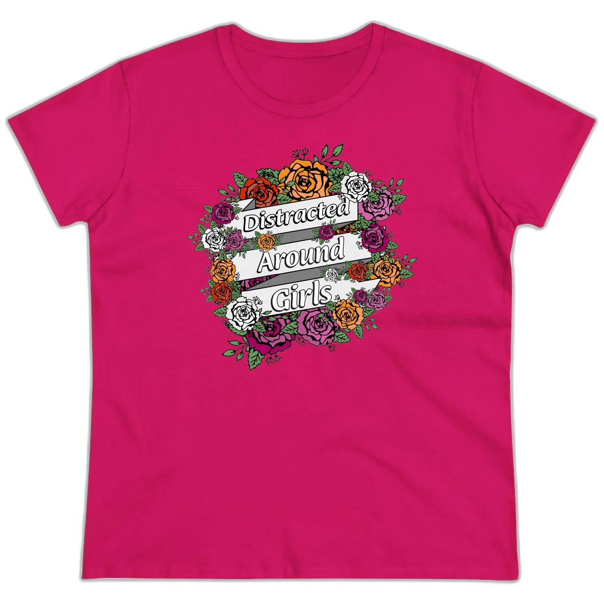 Distracted around girls design: colorful rose wreath in red, orange, white, and purple with ribbon banners in Heliconia