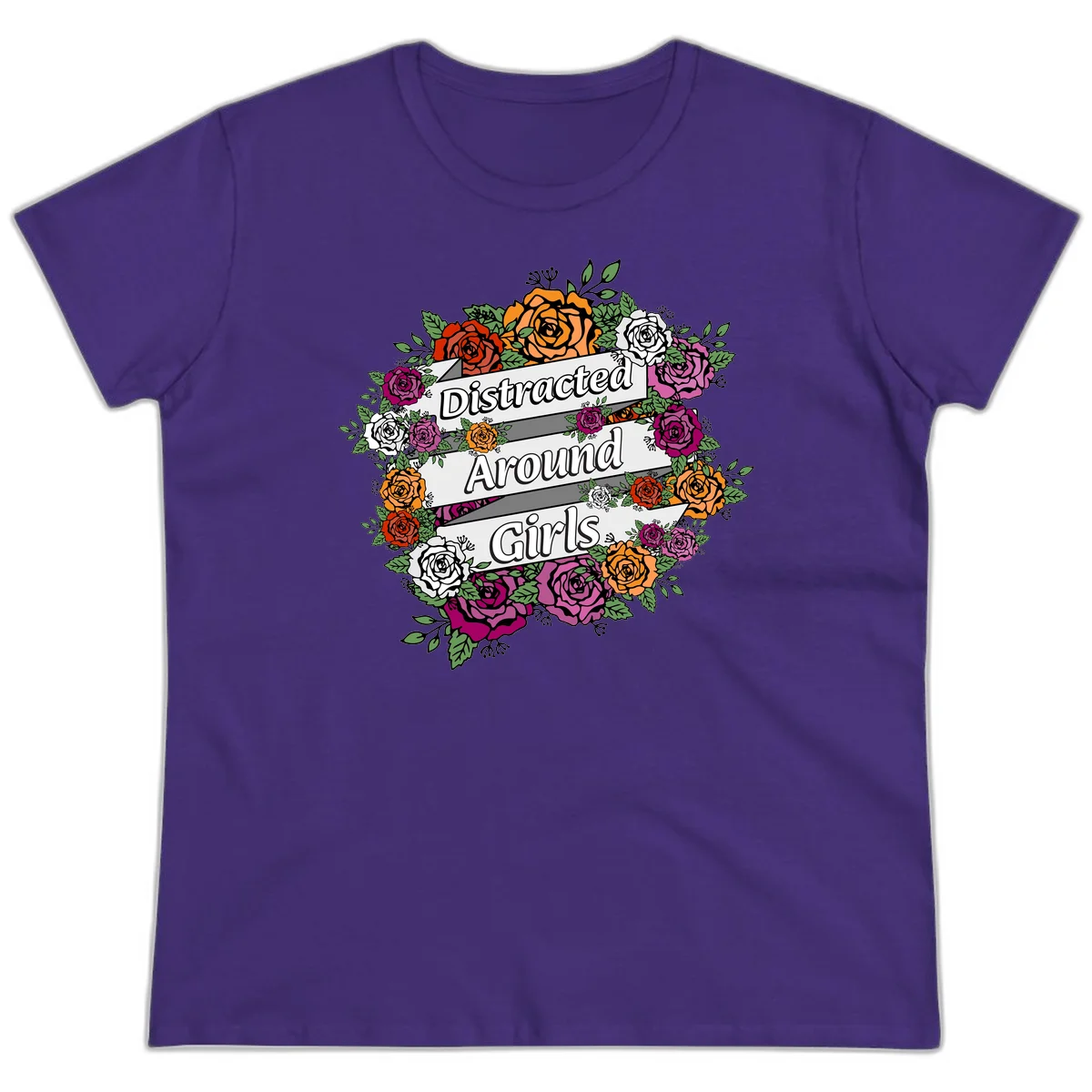 Distracted around girls design: colorful rose wreath in red, orange, white, and purple with ribbon banners in Purple