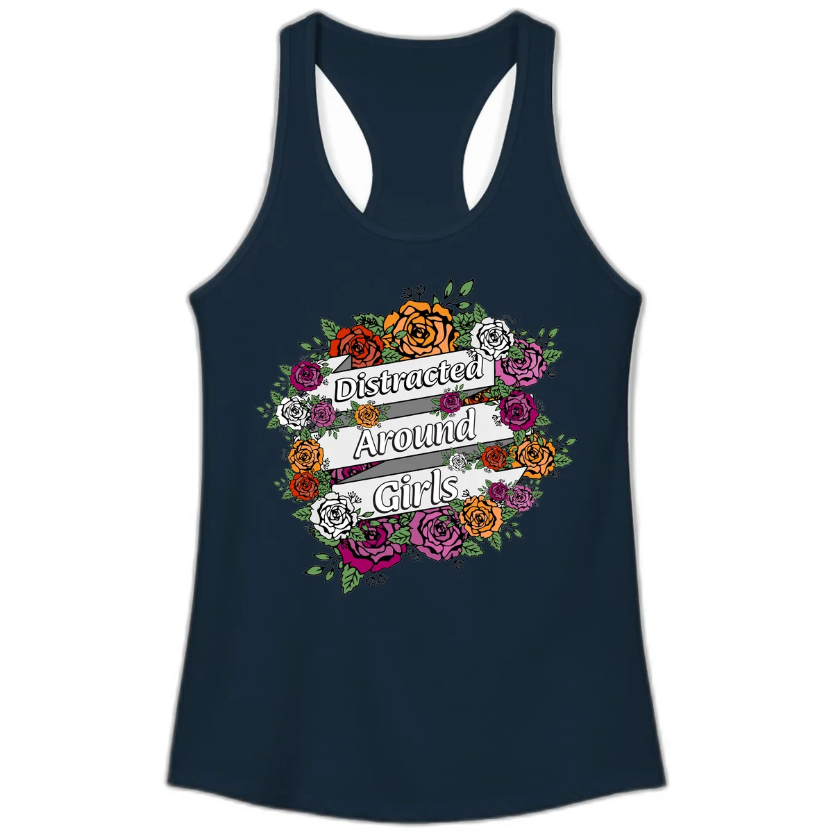 Distracted around girls design: colorful rose wreath in red, orange, white, and purple with ribbon banners in Solid Midnight Navy