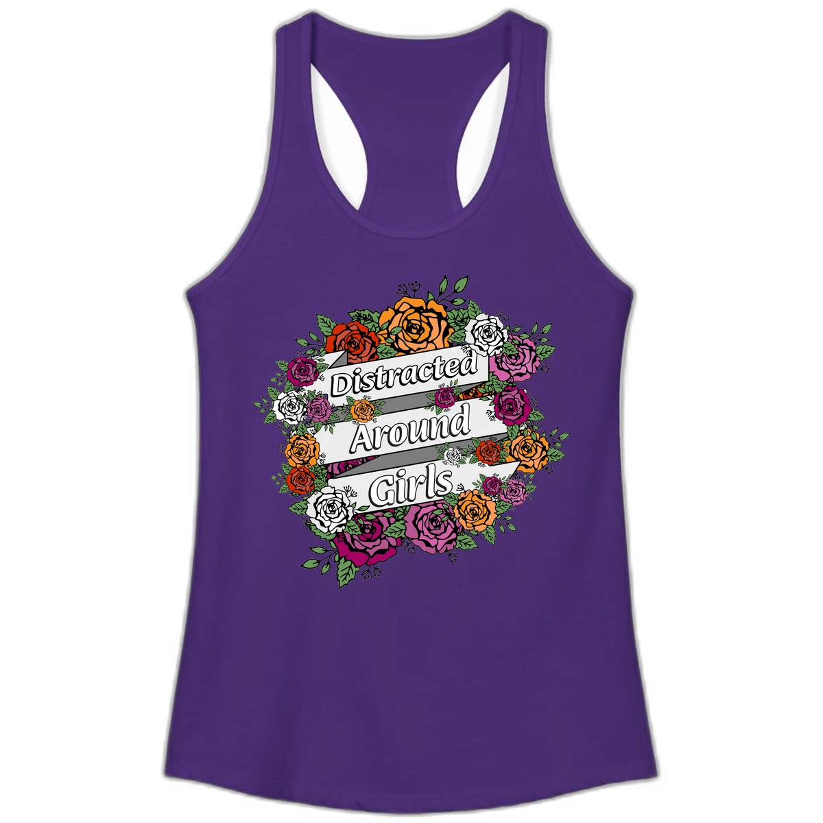 Distracted around girls design: colorful rose wreath in red, orange, white, and purple with ribbon banners in Solid Purple Rush