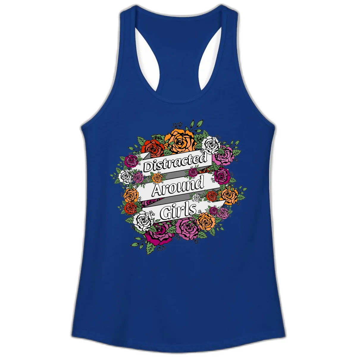 Distracted around girls design: colorful rose wreath in red, orange, white, and purple with ribbon banners in Solid Royal