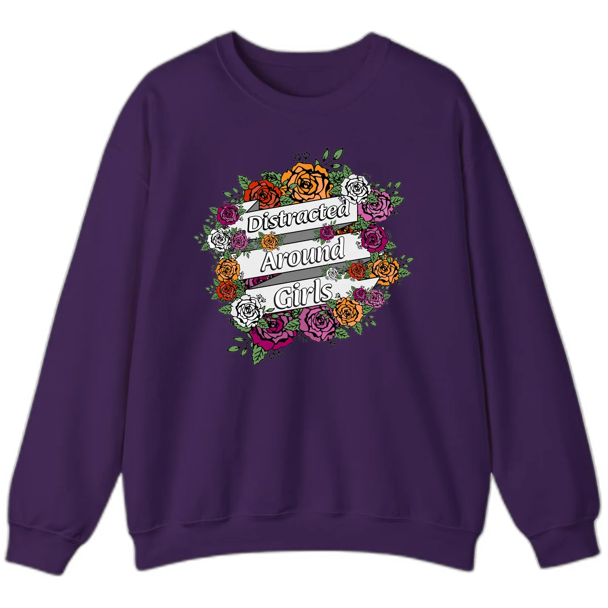 Distracted around girls design: colorful rose wreath in red, orange, white, and purple with ribbon banners in Purple