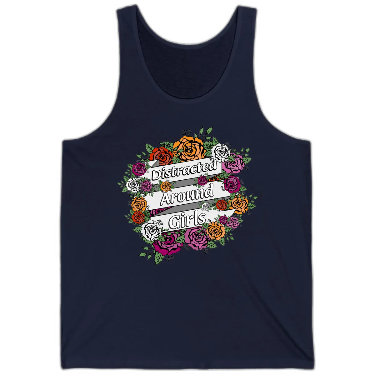 Distracted around girls design: colorful rose wreath in red, orange, white, and purple with ribbon banners in Navy