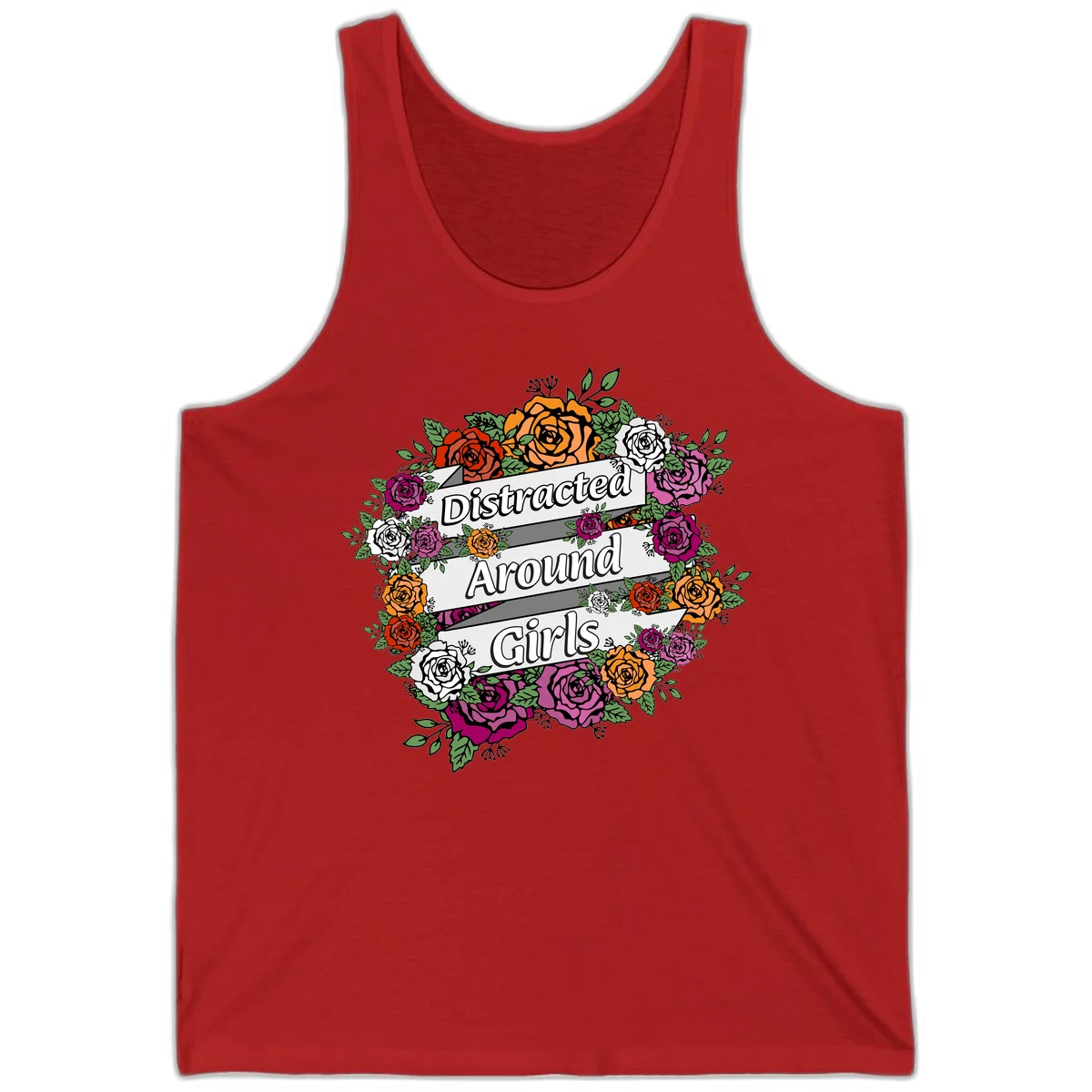 Distracted around girls design: colorful rose wreath in red, orange, white, and purple with ribbon banners in Red