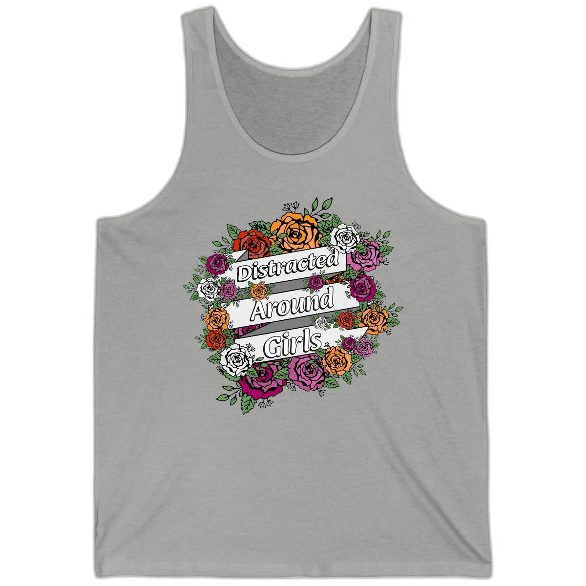 Distracted around girls design: colorful rose wreath in red, orange, white, and purple with ribbon banners in Athletic Heather