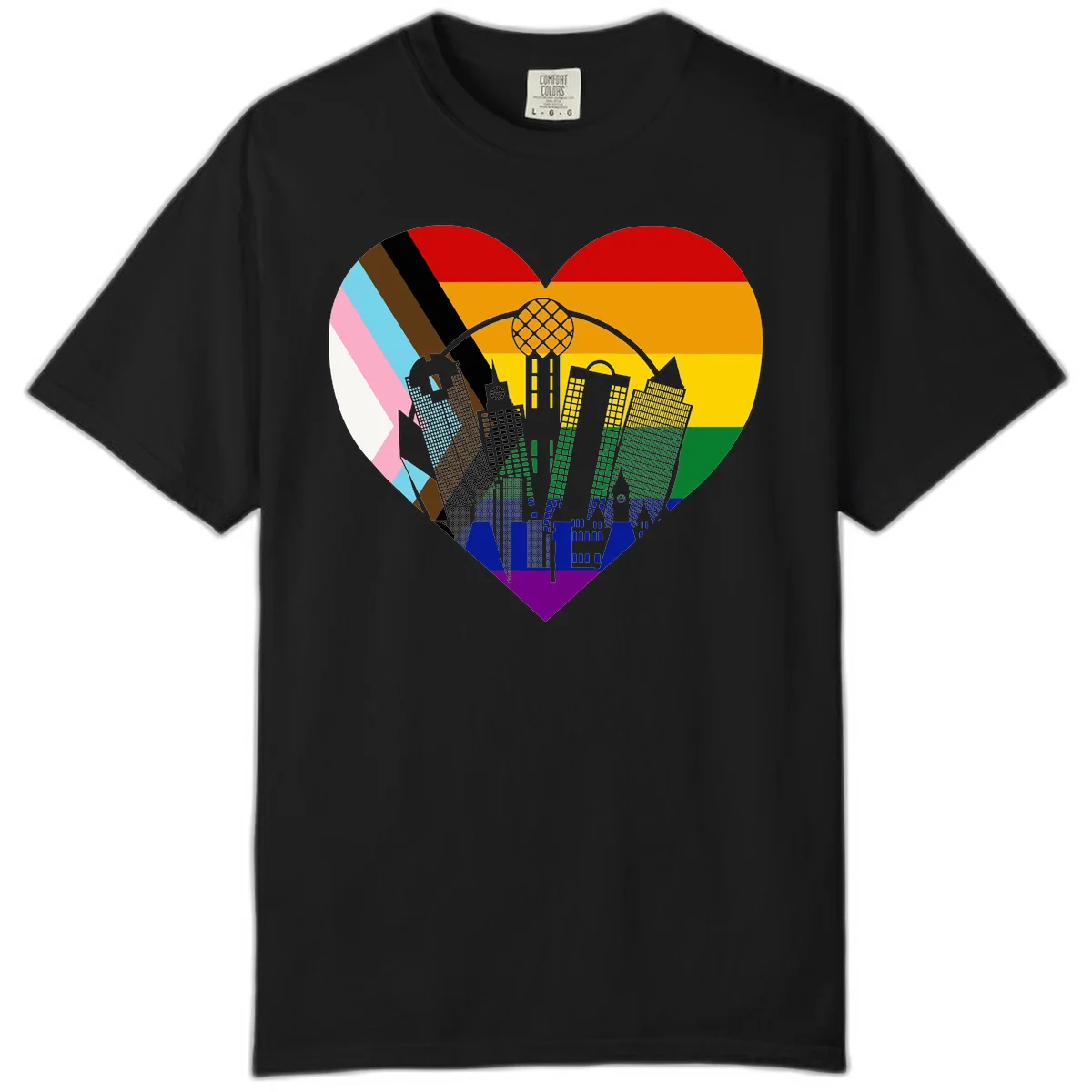 Heart-shaped design with rainbow pride flag and gray city skyline featuring skyscrapers and urban architecture in Black