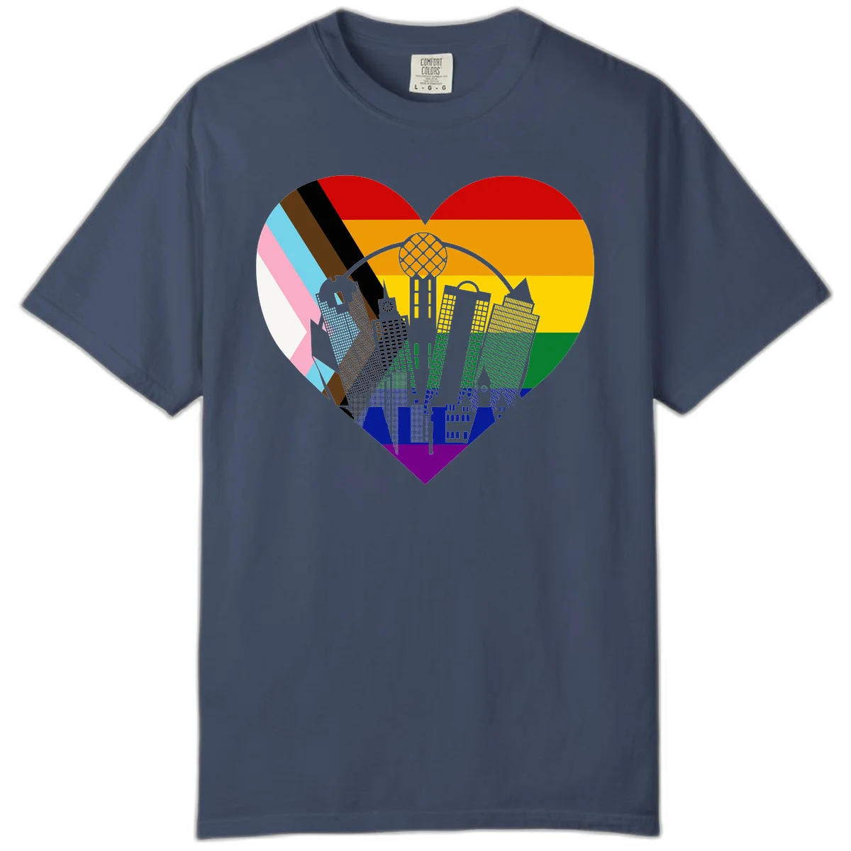 Heart-shaped design with rainbow pride flag and gray city skyline featuring skyscrapers and urban architecture in Midnight