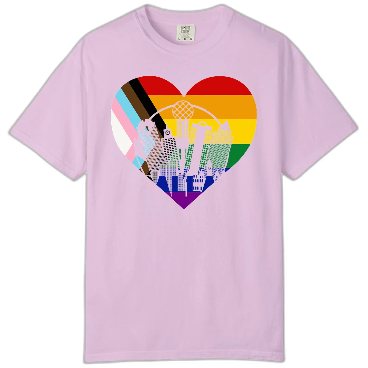 Heart-shaped design with rainbow pride flag and gray city skyline featuring skyscrapers and urban architecture in Orchid