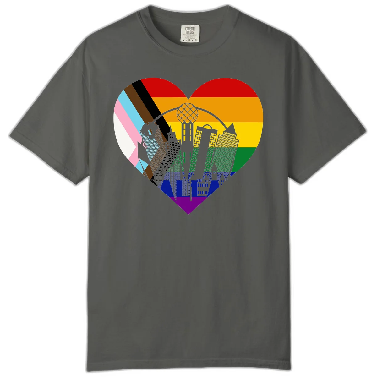 Heart-shaped design with rainbow pride flag and gray city skyline featuring skyscrapers and urban architecture in Pepper
