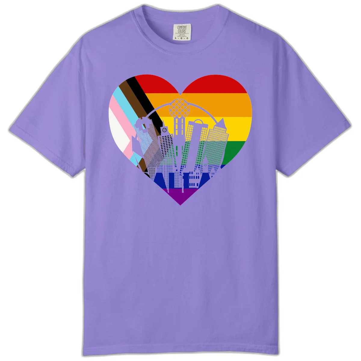 Heart-shaped design with rainbow pride flag and gray city skyline featuring skyscrapers and urban architecture in Violet