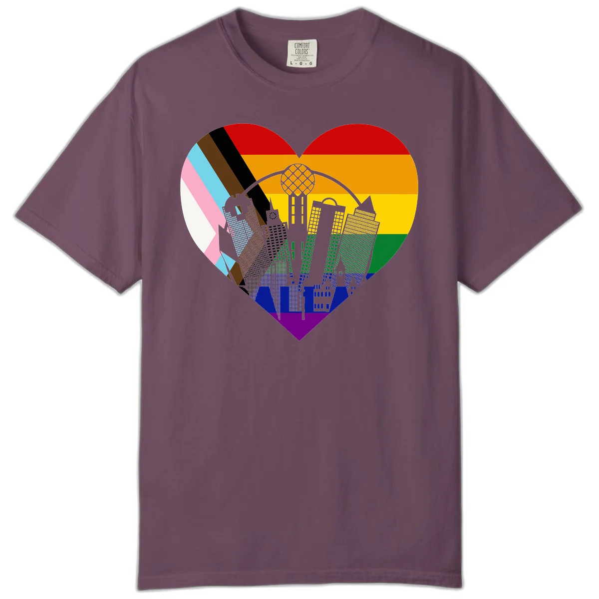Heart-shaped design with rainbow pride flag and gray city skyline featuring skyscrapers and urban architecture in Berry