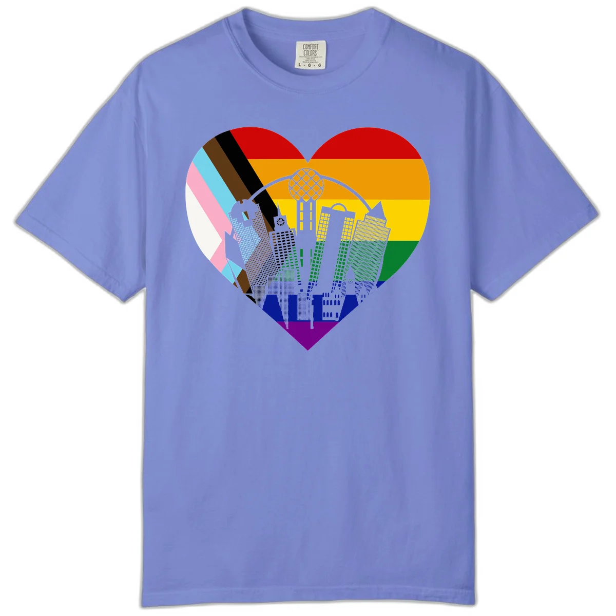 Heart-shaped design with rainbow pride flag and gray city skyline featuring skyscrapers and urban architecture in Flo Blue
