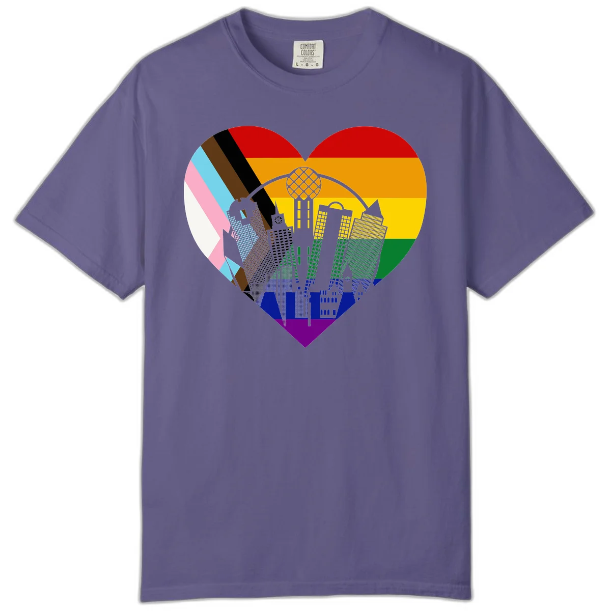 Heart-shaped design with rainbow pride flag and gray city skyline featuring skyscrapers and urban architecture in Grape