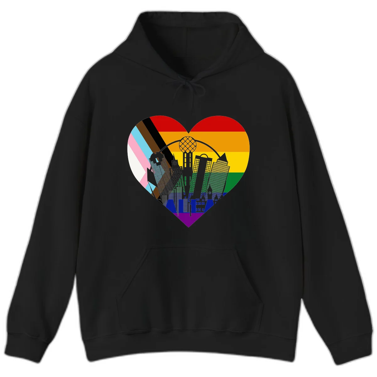 Heart-shaped design with rainbow pride flag and gray city skyline featuring skyscrapers and urban architecture in Black