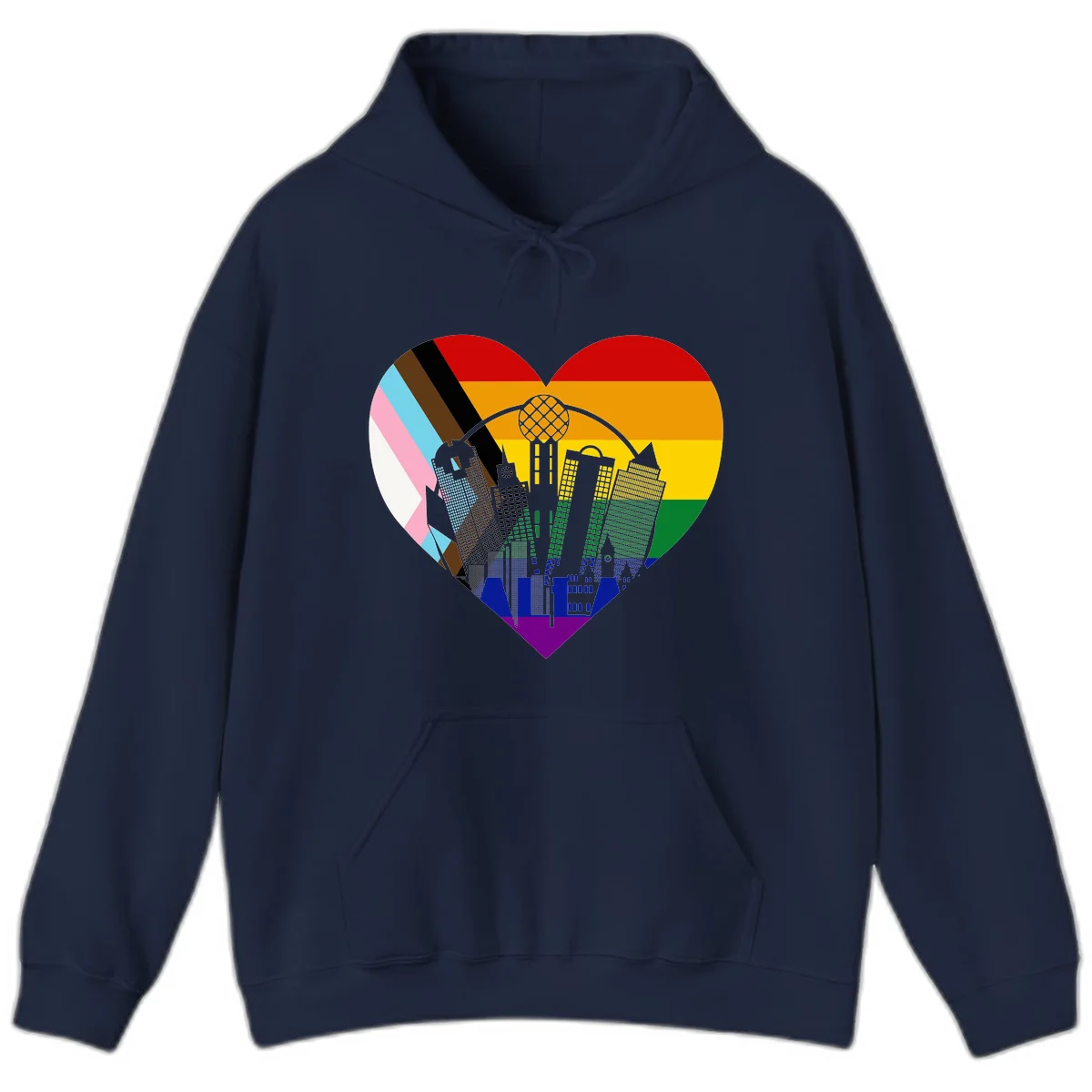 Heart-shaped design with rainbow pride flag and gray city skyline featuring skyscrapers and urban architecture in Navy