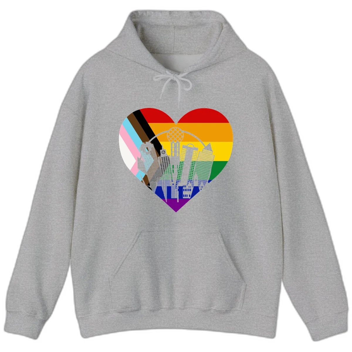 Heart-shaped design with rainbow pride flag and gray city skyline featuring skyscrapers and urban architecture in Sport Grey