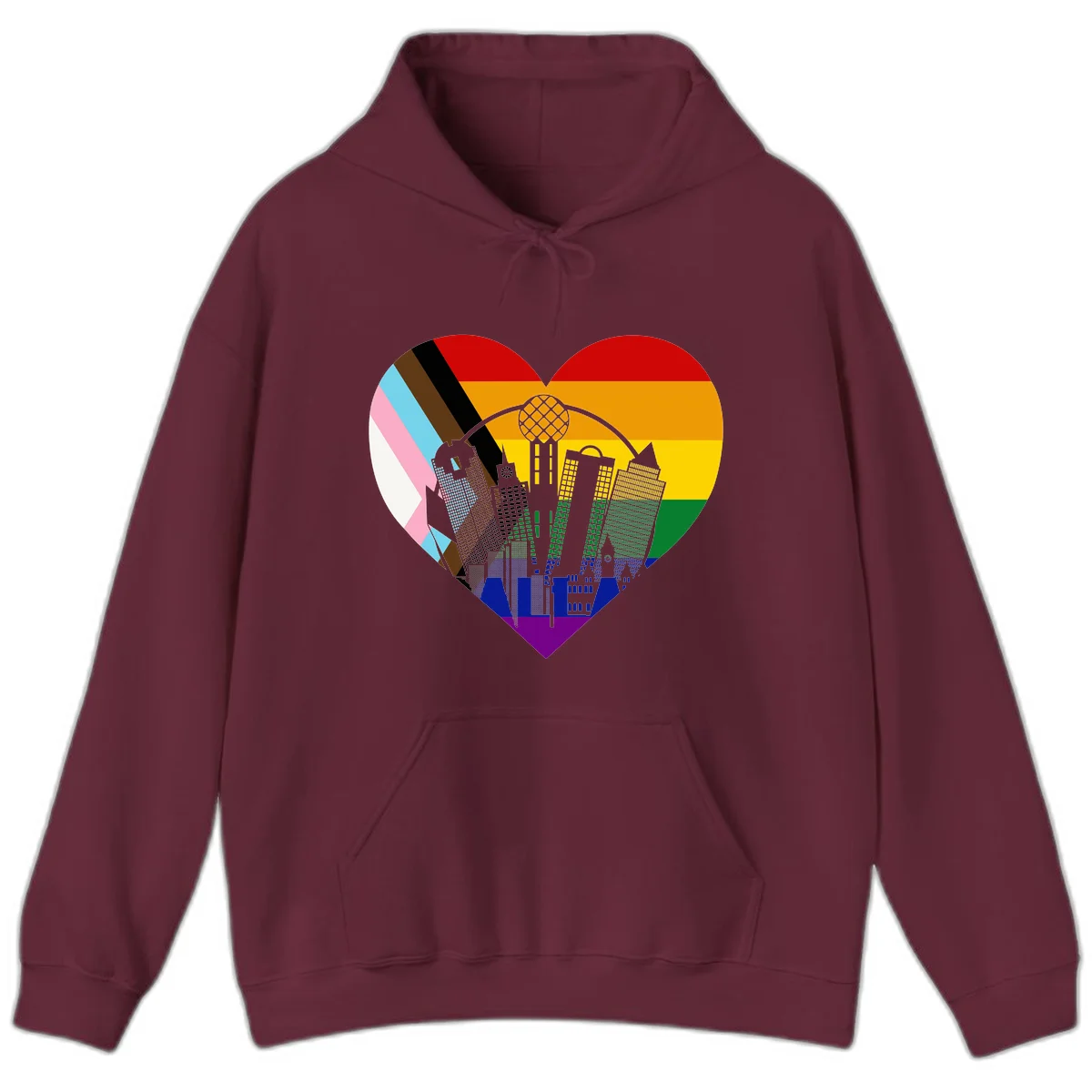 Heart-shaped design with rainbow pride flag and gray city skyline featuring skyscrapers and urban architecture in Maroon