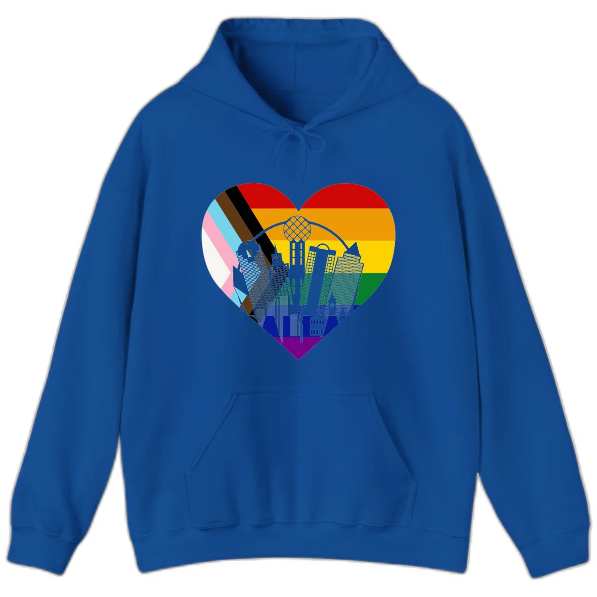 Heart-shaped design with rainbow pride flag and gray city skyline featuring skyscrapers and urban architecture in Royal