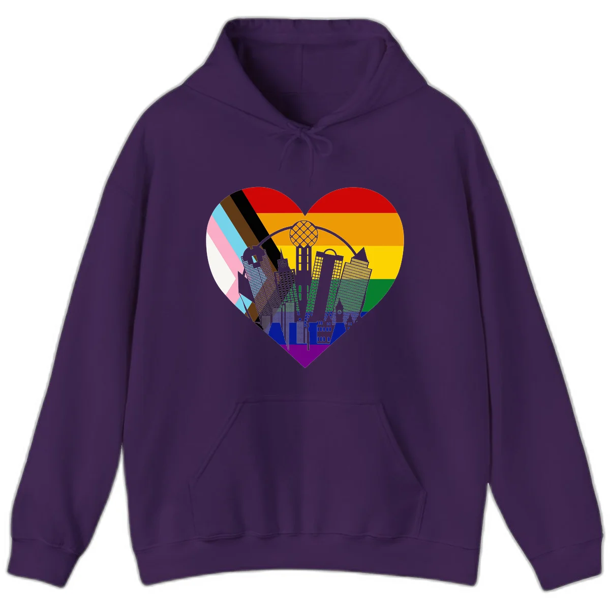 Heart-shaped design with rainbow pride flag and gray city skyline featuring skyscrapers and urban architecture in Purple