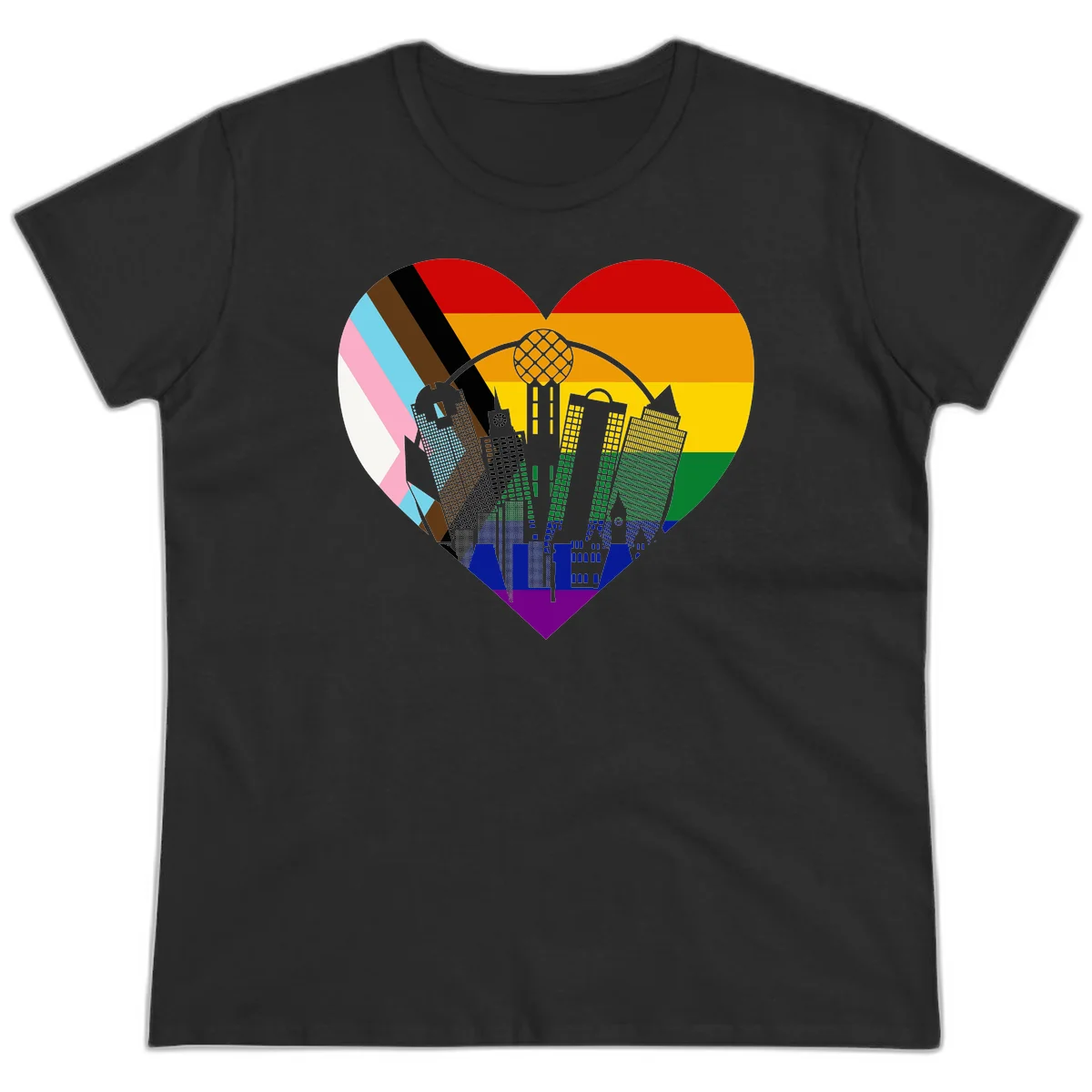 Heart-shaped design with rainbow pride flag and gray city skyline featuring skyscrapers and urban architecture in Black