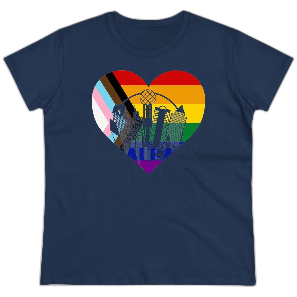 Heart-shaped design with rainbow pride flag and gray city skyline featuring skyscrapers and urban architecture in Navy