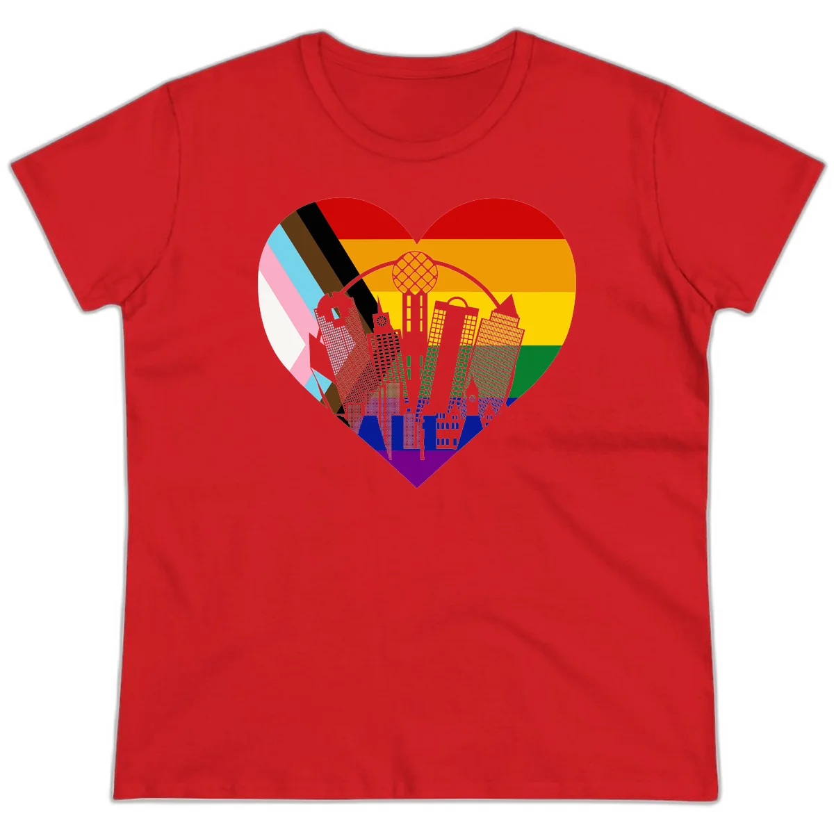 Heart-shaped design with rainbow pride flag and gray city skyline featuring skyscrapers and urban architecture in Red