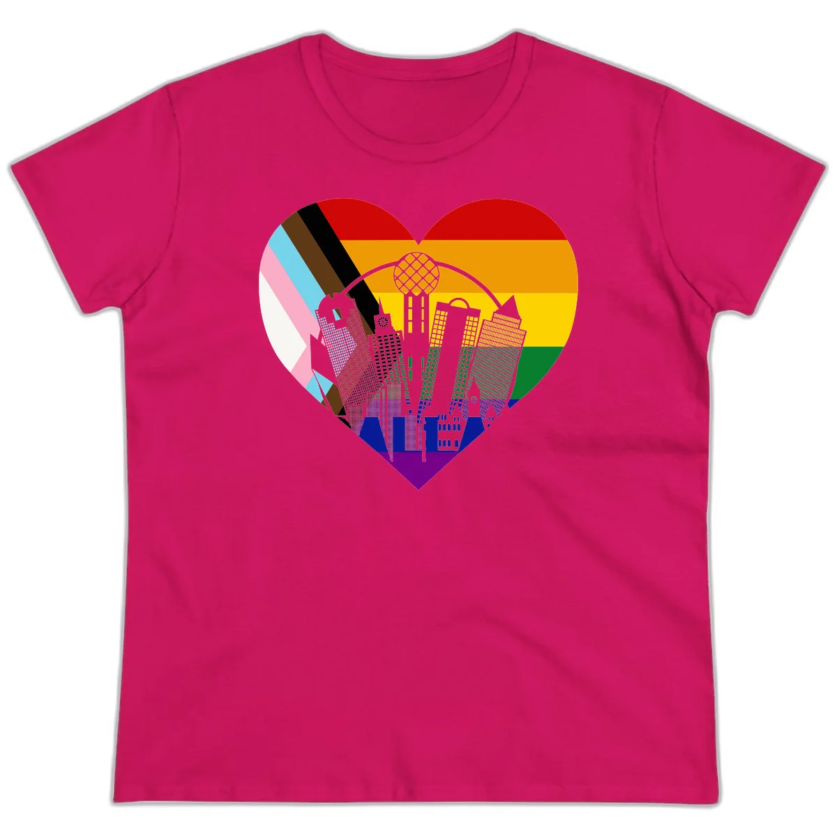 Heart-shaped design with rainbow pride flag and gray city skyline featuring skyscrapers and urban architecture in Heliconia