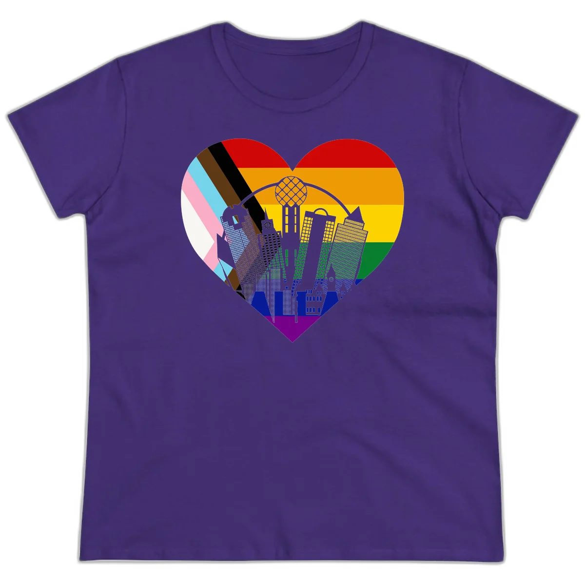 Heart-shaped design with rainbow pride flag and gray city skyline featuring skyscrapers and urban architecture in Purple