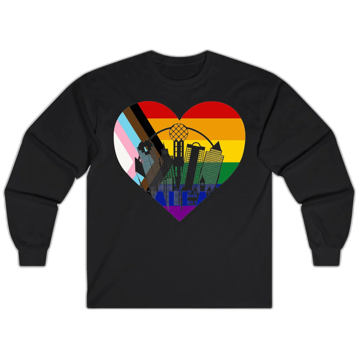 Heart-shaped design with rainbow pride flag and gray city skyline featuring skyscrapers and urban architecture in Black