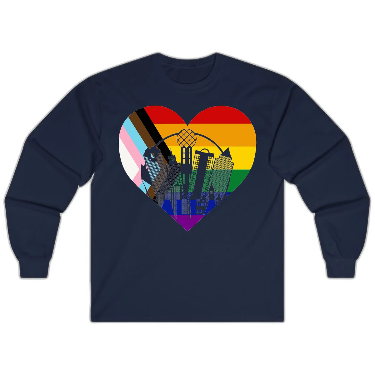 Heart-shaped design with rainbow pride flag and gray city skyline featuring skyscrapers and urban architecture in Navy