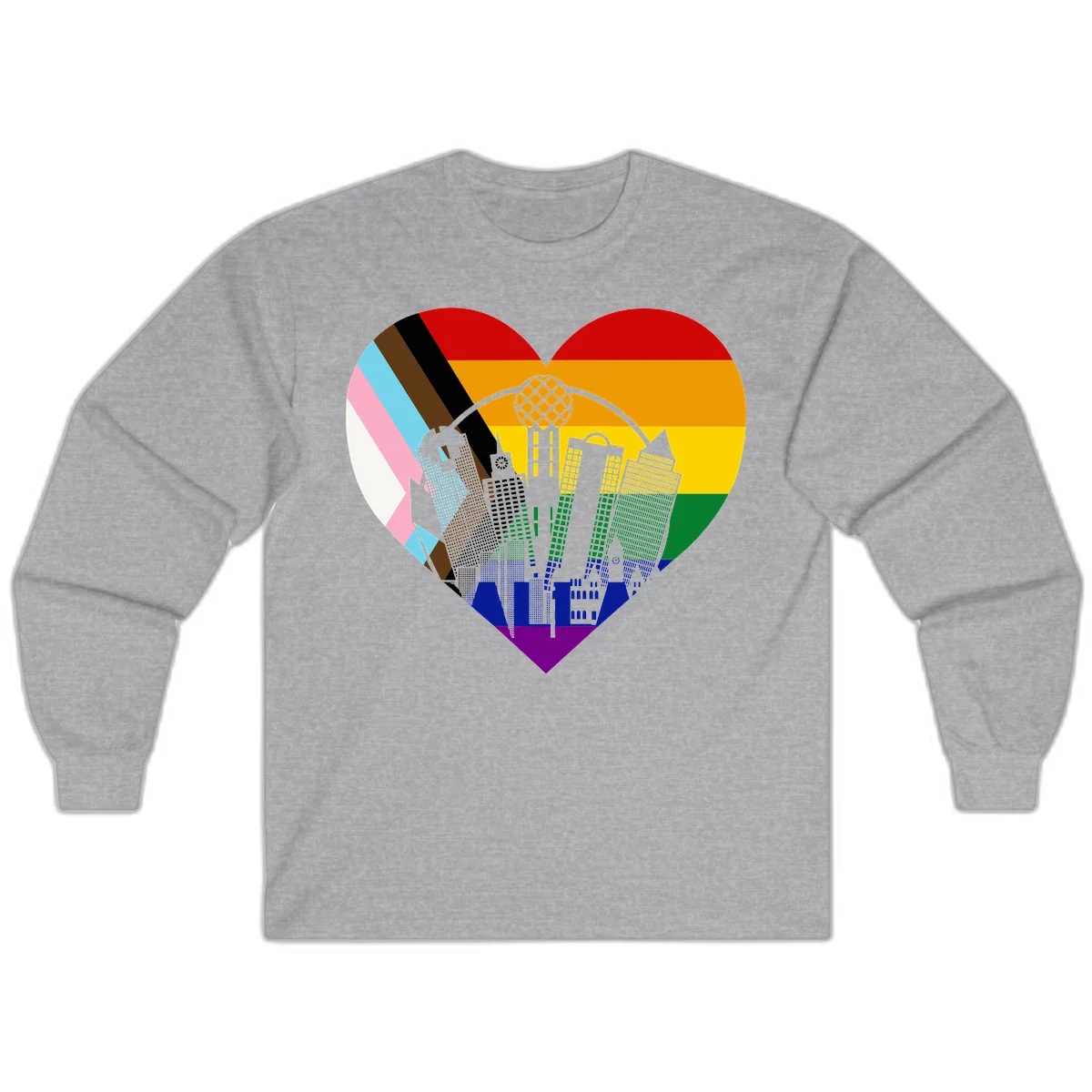 Heart-shaped design with rainbow pride flag and gray city skyline featuring skyscrapers and urban architecture in Sport Grey