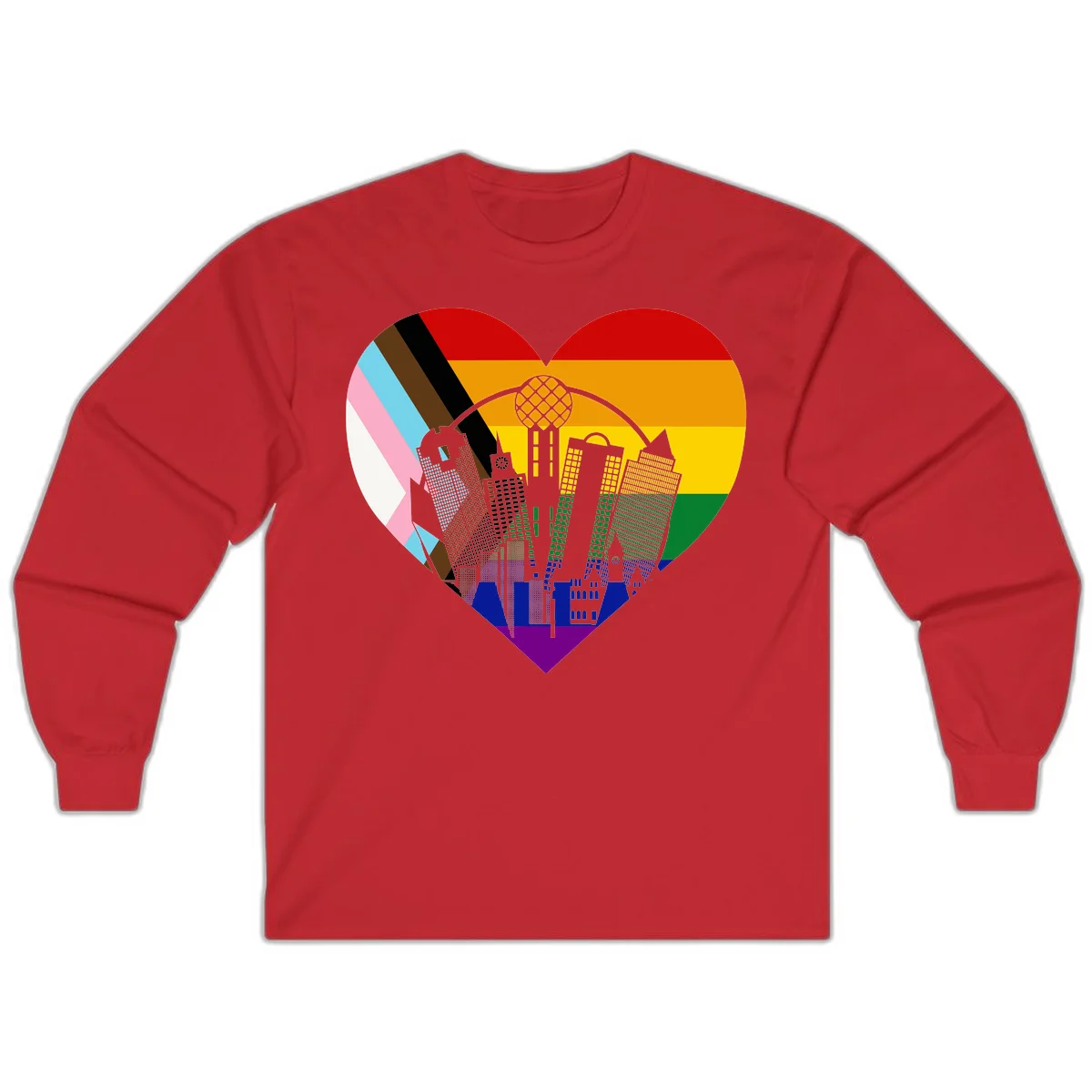 Heart-shaped design with rainbow pride flag and gray city skyline featuring skyscrapers and urban architecture in Red