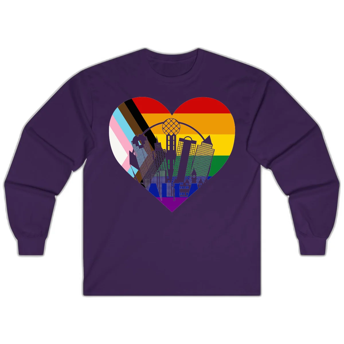 Heart-shaped design with rainbow pride flag and gray city skyline featuring skyscrapers and urban architecture in Purple