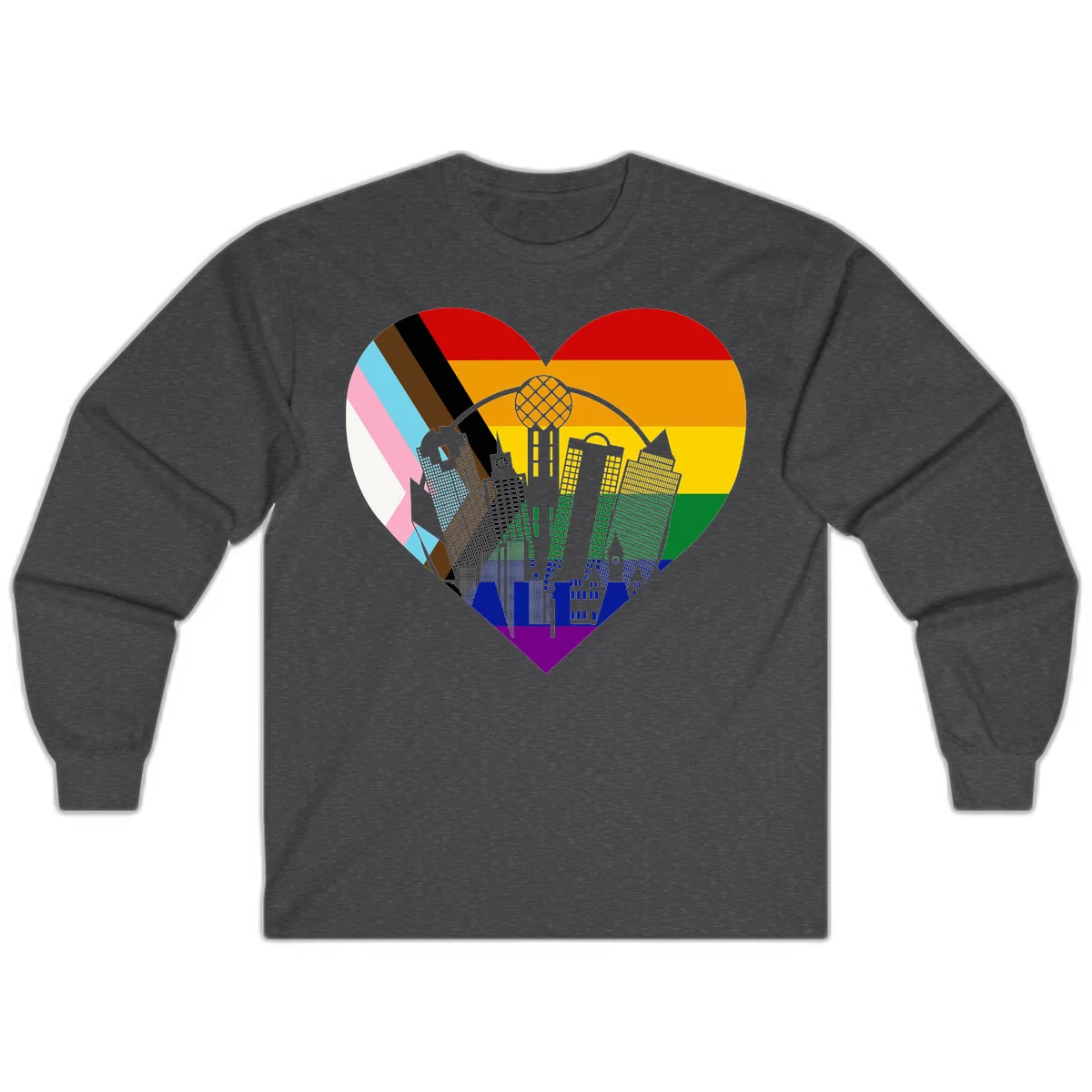Heart-shaped design with rainbow pride flag and gray city skyline featuring skyscrapers and urban architecture in Dark Heather
