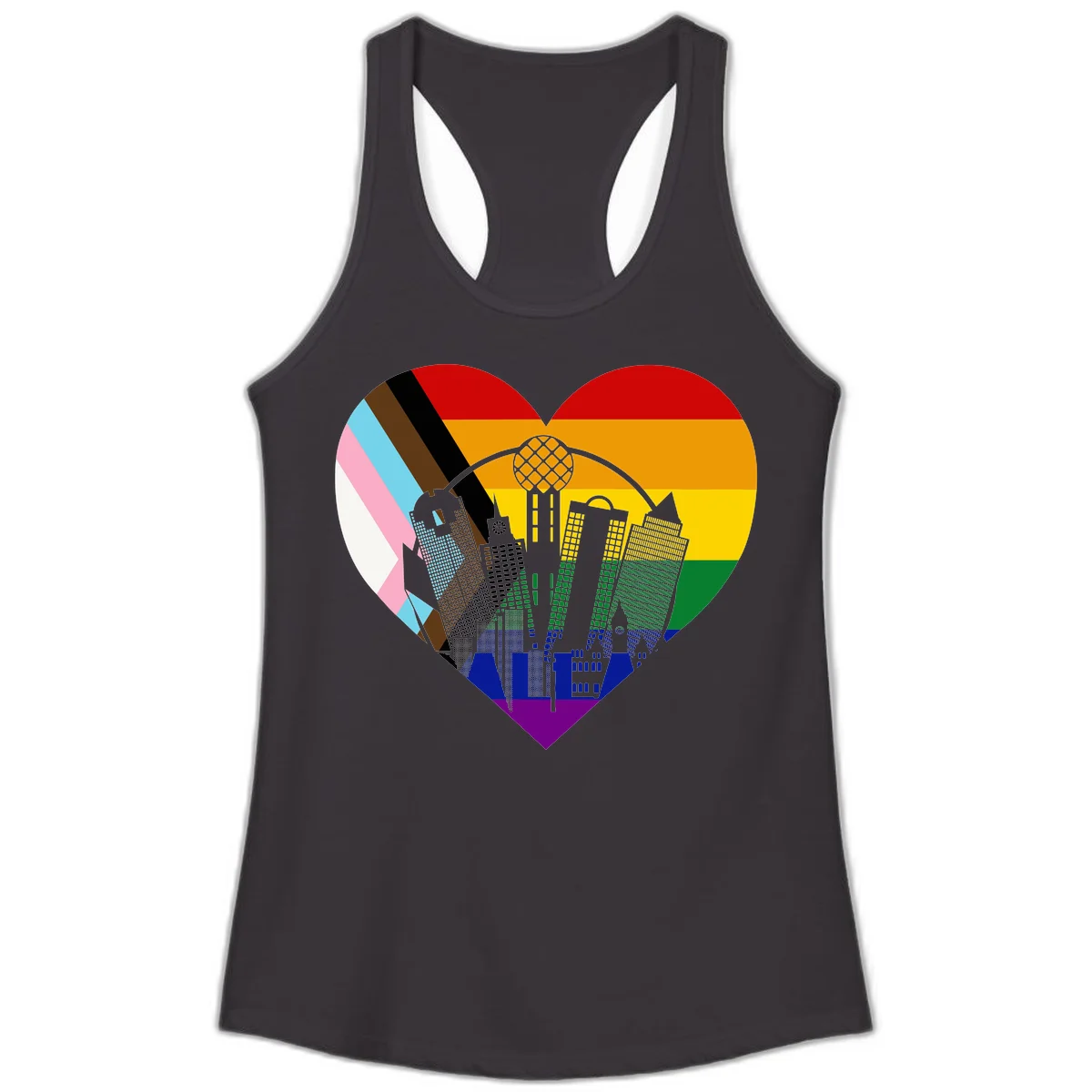 Heart-shaped design with rainbow pride flag and gray city skyline featuring skyscrapers and urban architecture in Black