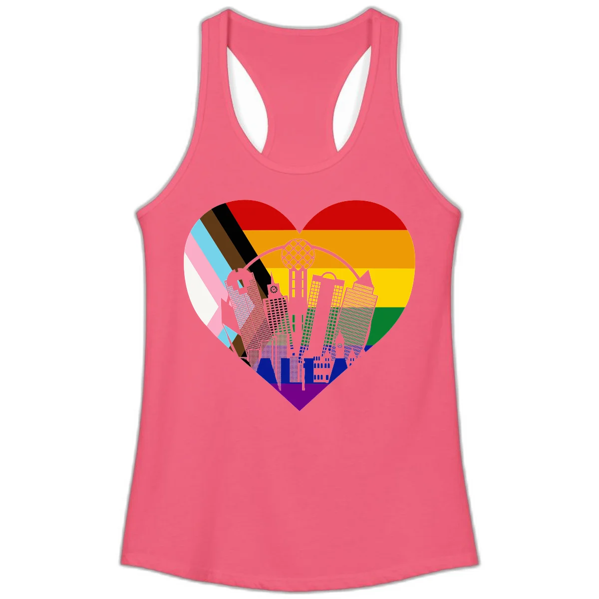 Heart-shaped design with rainbow pride flag and gray city skyline featuring skyscrapers and urban architecture in Hot Pink