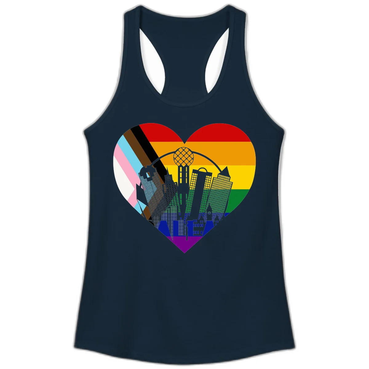 Heart-shaped design with rainbow pride flag and gray city skyline featuring skyscrapers and urban architecture in Solid Midnight Navy