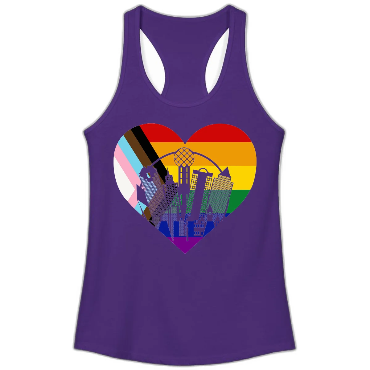 Heart-shaped design with rainbow pride flag and gray city skyline featuring skyscrapers and urban architecture in Solid Purple Rush
