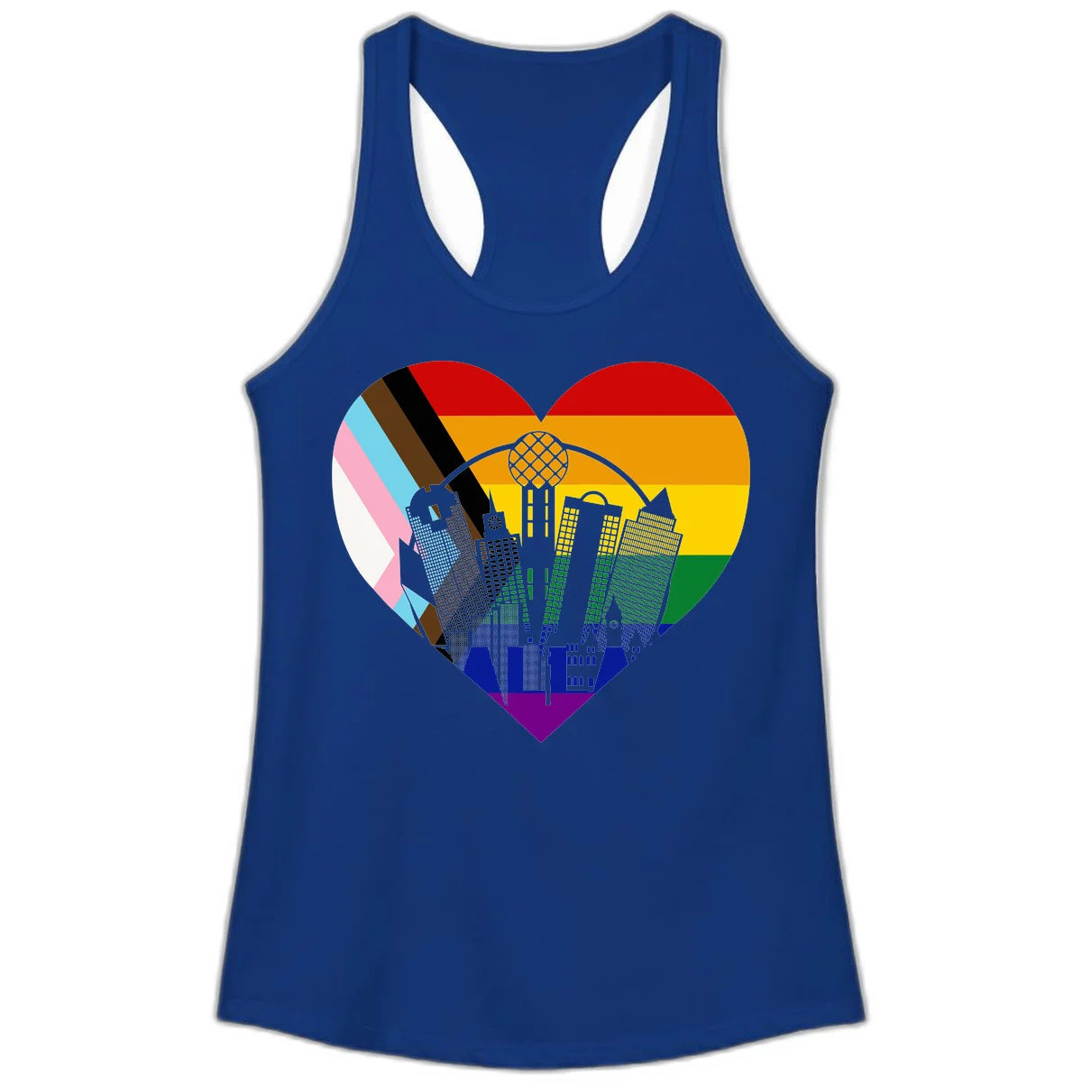 Heart-shaped design with rainbow pride flag and gray city skyline featuring skyscrapers and urban architecture in Solid Royal