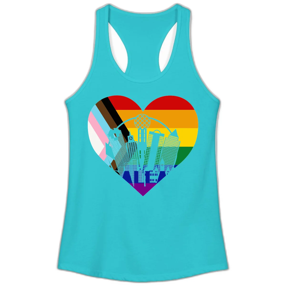 Heart-shaped design with rainbow pride flag and gray city skyline featuring skyscrapers and urban architecture in Solid Tahiti Blue