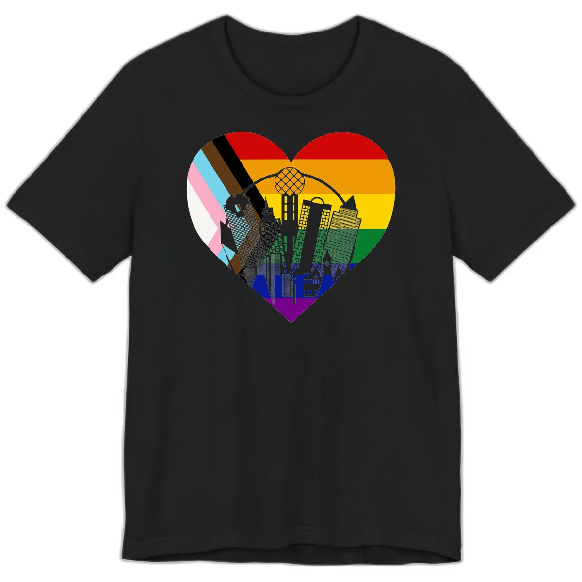 Heart-shaped design with rainbow pride flag and gray city skyline featuring skyscrapers and urban architecture in Black