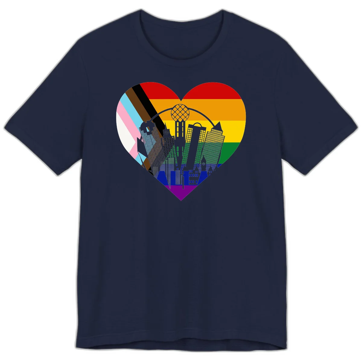 Heart-shaped design with rainbow pride flag and gray city skyline featuring skyscrapers and urban architecture in Navy