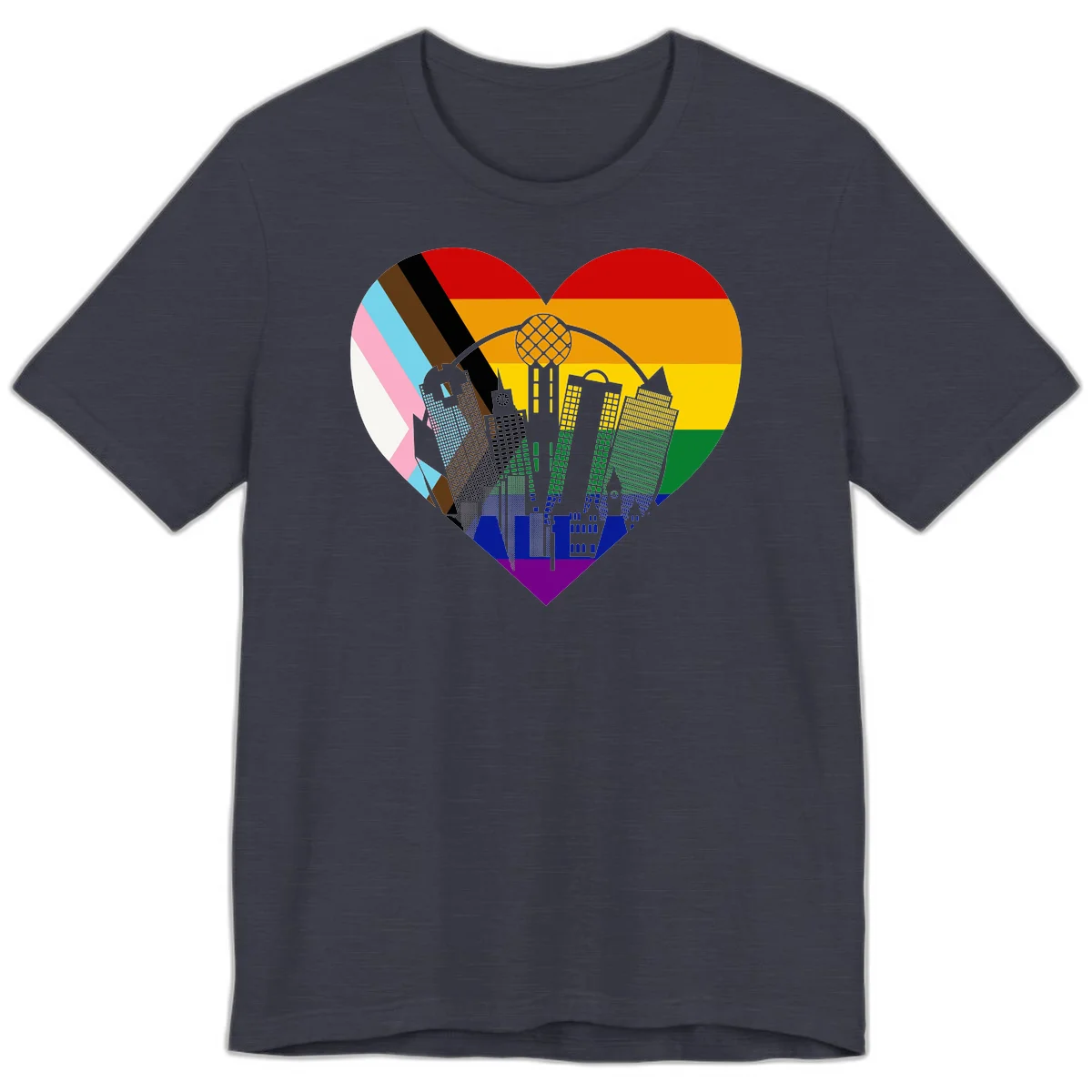 Heart-shaped design with rainbow pride flag and gray city skyline featuring skyscrapers and urban architecture in Heather Midnight Navy