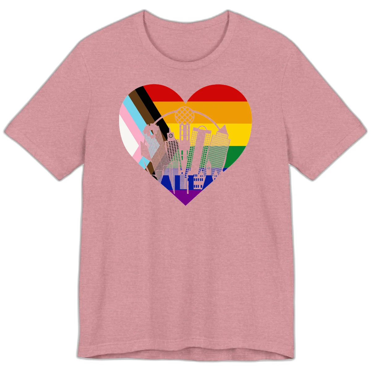 Heart-shaped design with rainbow pride flag and gray city skyline featuring skyscrapers and urban architecture in Heather Orchid