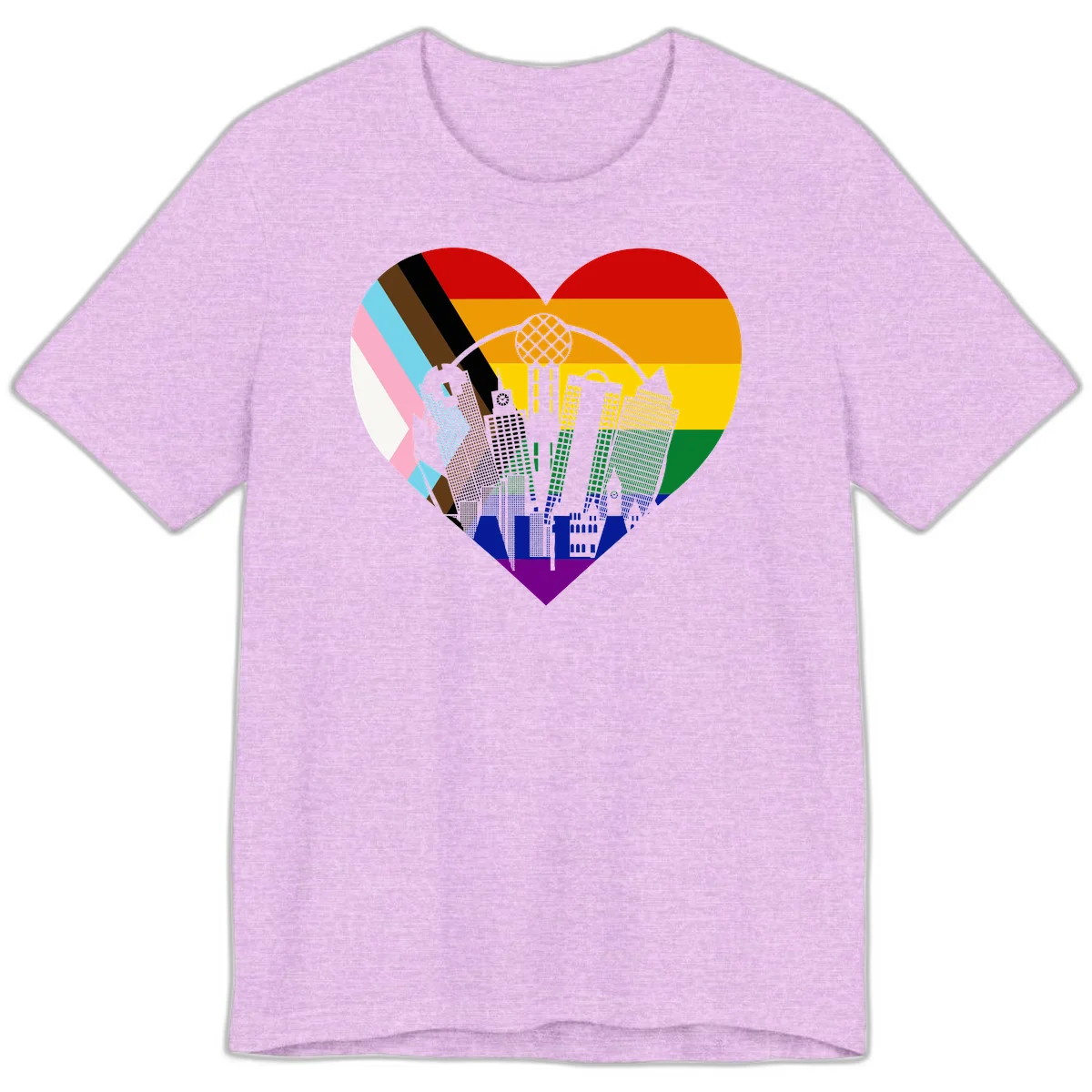 Heart-shaped design with rainbow pride flag and gray city skyline featuring skyscrapers and urban architecture in Heather Prism Lilac