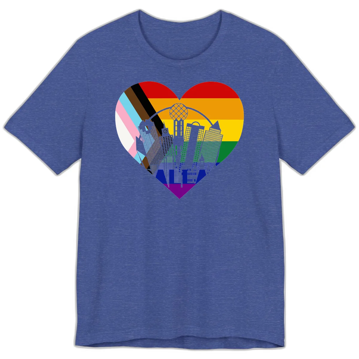 Heart-shaped design with rainbow pride flag and gray city skyline featuring skyscrapers and urban architecture in Heather True Royal