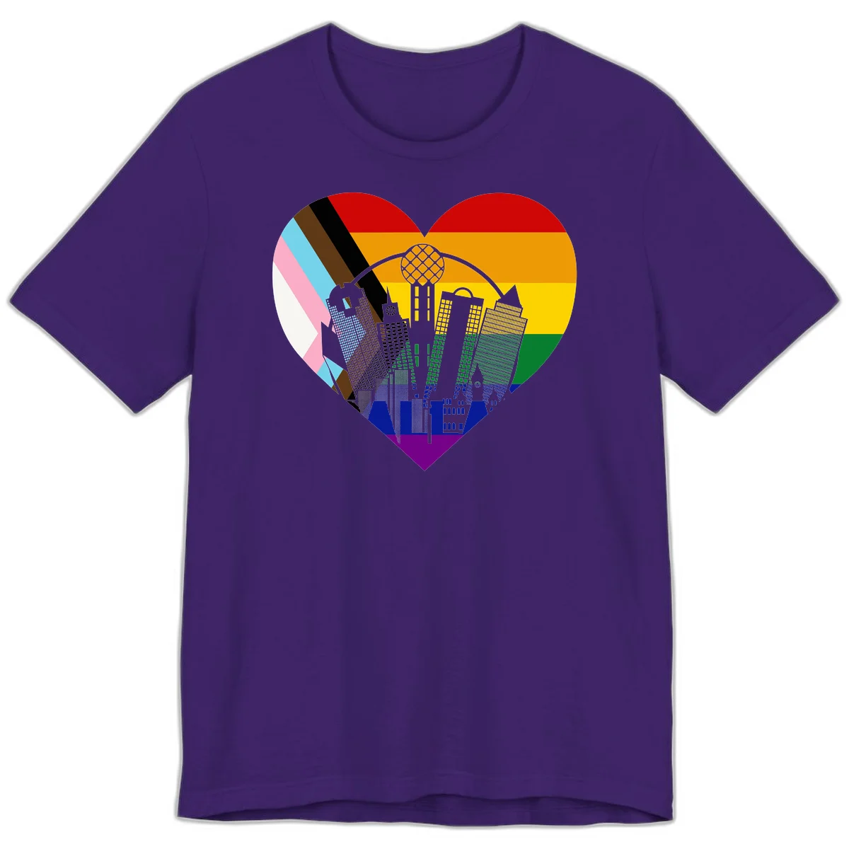 Heart-shaped design with rainbow pride flag and gray city skyline featuring skyscrapers and urban architecture in Team Purple