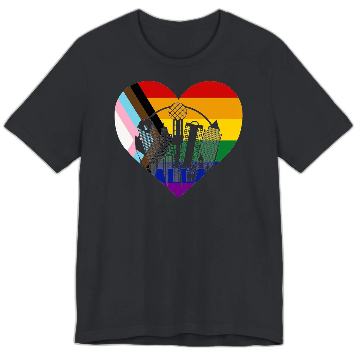 Heart-shaped design with rainbow pride flag and gray city skyline featuring skyscrapers and urban architecture in Vintage Black