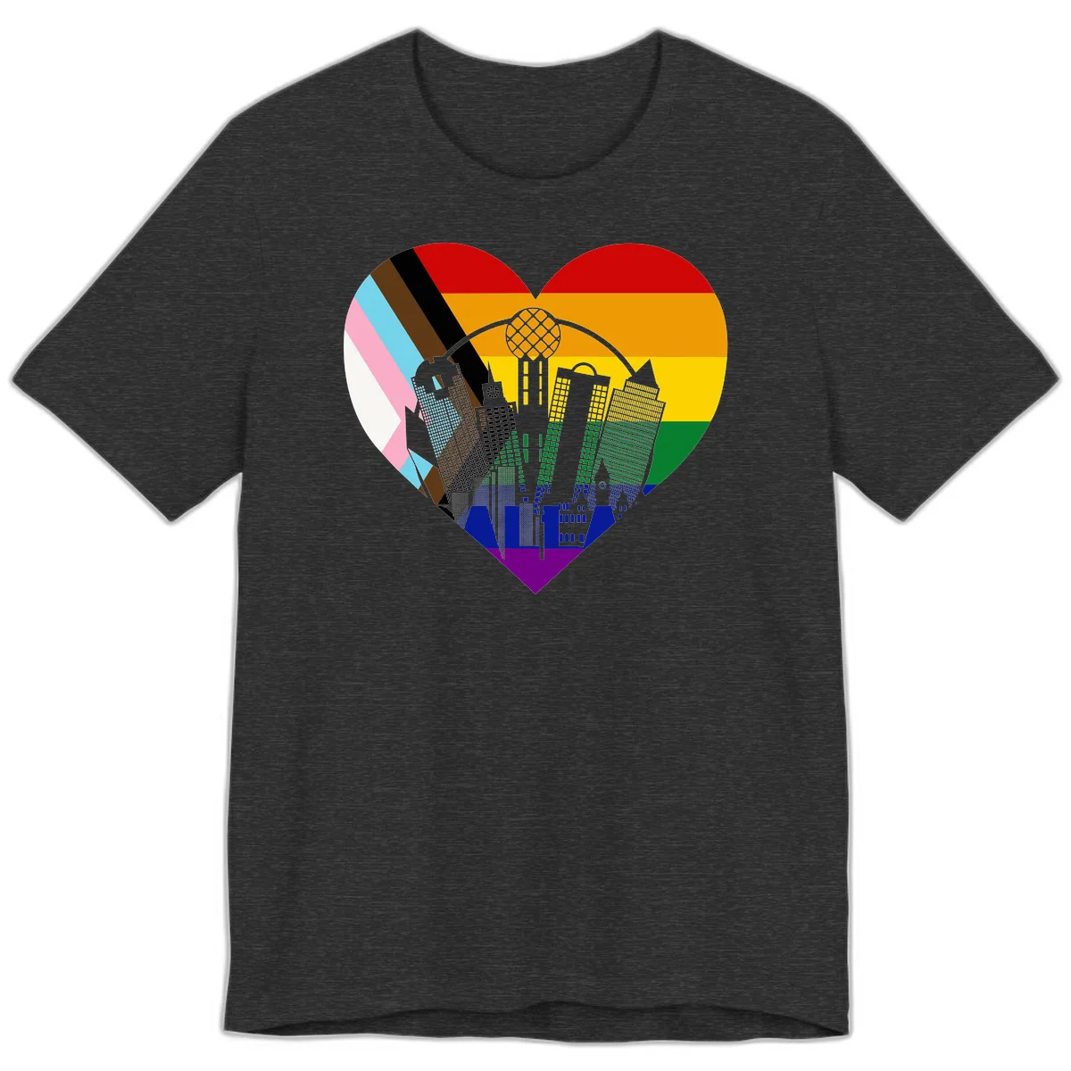 Heart-shaped design with rainbow pride flag and gray city skyline featuring skyscrapers and urban architecture in Dark Grey Heather